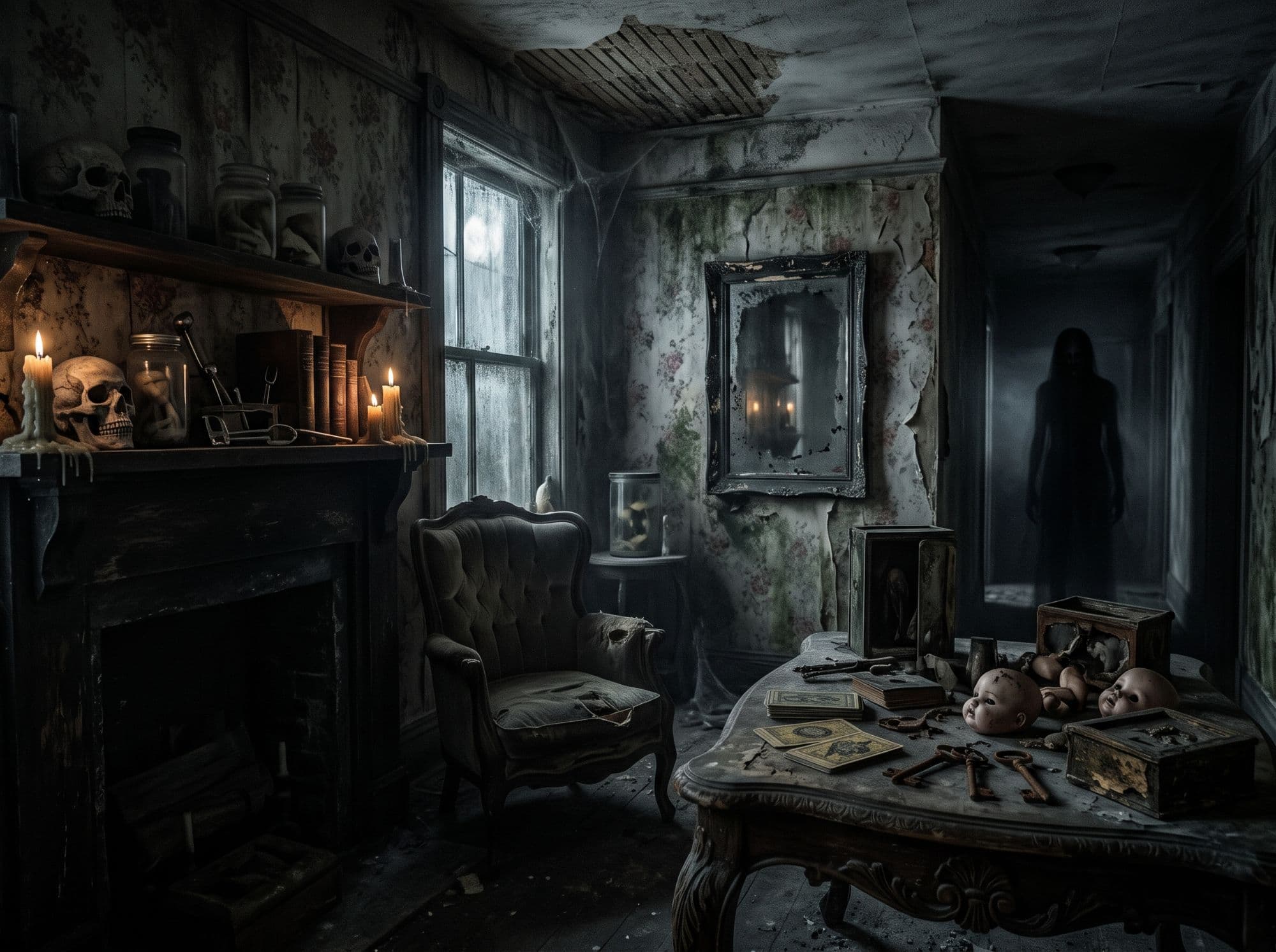 A candlelit Victorian parlour with skulls on the mantel, a tarnished mirror and a figure waiting in the hallway